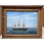 Set of three 19th Century ship gouache portraits of a three-masted steam battleship, each 9.5in x