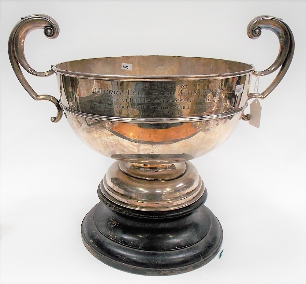 Edwardian silver twin handled pedestal trophy bowl by Henry Williamson Ltd, of plain form with