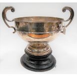 Edwardian silver twin handled pedestal trophy bowl by Henry Williamson Ltd, of plain form with
