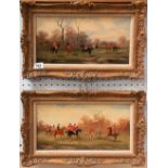 RUDOLPH STONE (1920-?) - pair of fox hunting scenes, oil on panel, both signed, 6in x 12in