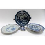 Chinese export blue and white warming plate; together with two export plates and a small lobed