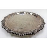 Silver card tray with gadrooned scallop shell piecrust border by Henry Wilkinson, Sheffield 1925,