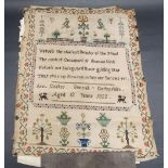 Early 19th Century silk stitch sampler with the motto 'VIRTUES THE CHIEFEST BEAUTY OF THE MIND THE