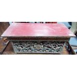 TIbetan painted rectangular folding meditation table, the front panel carved with a dragon head