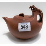 Chinese Yixing teapot of oval form with a handle modelled with a mythical creature, seal mark to the