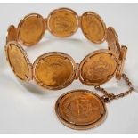 Rose gold coin set bracelet set with eight half Pahlavi Iranian coins and a full Pahlavi coin on a