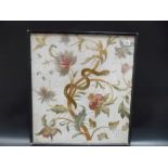 Crewel work panel embroidered with a writhing snake amongst flowers, 22in x 20in.