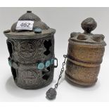 Buddhist stick copper prayer wheel; together with an incense burner with turquoise coloured