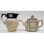 19th Century relief moulded pottery jug, white glazed, the ovoid body relief decorated with a