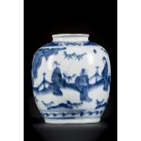 Blue and white pot in Chinese transitional porcelain 'figures', hare's mark (*) (18cm)