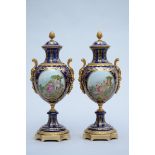 Pair of vases in porcelain with bronze mounts 'romantic scene', 20th century (54cm)