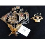 A Portuguese silver gilt filigree ship and a smaller similar brooch