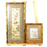 Two oriental, embroidered vintage silk panels in gilt faux-bamboo frames