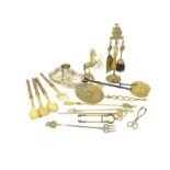 A collection of vintage brass ware including fireside items and silver plate