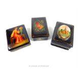 Three fine quality, papier mache trinket boxes with hand-painted scenes to the lids