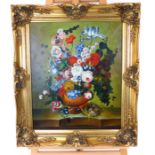 A large, contemporary, floral still life (Dutch influence) in ornate gilt frame