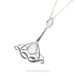 An elegant sterling silver and opalite Art Nouveau-style, drop necklace