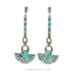 A pair of sterling silver and turquoise, long, Art Deco-style drop earrings