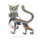 A sterling silver and marcasite cat brooch