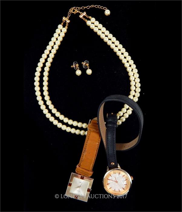 A pearl necklace and earring set together with two gentleman's wrist watches