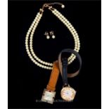 A pearl necklace and earring set together with two gentleman's wrist watches