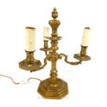 A 19th century, continental, gilt metal, ornate, 3 branch table light