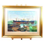 J. Lincoln-Rowe, (Marine Society), large, framed pastel of a barge boat in Nigeria