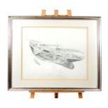 A 1940's, large, gilt-framed, pencil drawing of a 1912 clipper boat