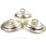 Three oval silver plated entree dishes