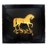 A 19TH CENTURY style gilt metal relief, figure of a stallion, mounted on a velvet background, framed