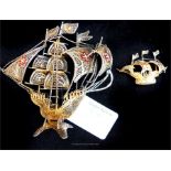 A Portuguese silver gilt filigree ship and a smaller similar brooch