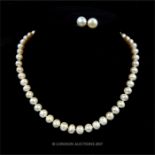 A boxed 14 ct yellow gold and Akoya white pearl necklace and stud earrings set