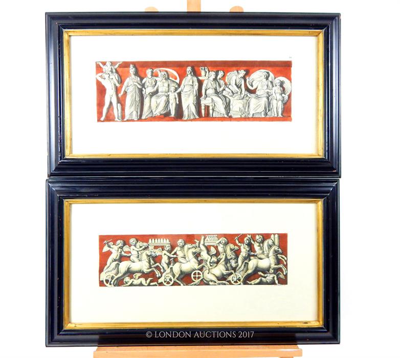 A pair of polychromed, prints depicting classical-friezes in ebonised frames