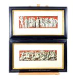 A pair of polychromed, prints depicting classical-friezes in ebonised frames