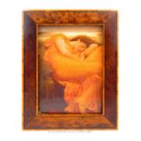 An antique burr-walnut frame inset with a ceramic tile of Leighton's 'Flaming June'