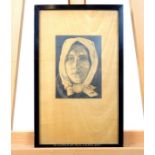 Unattributed, A striking portrait of a woman's face in pencil on wood