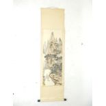 A 20th century, Chinese, hand-pianted scroll with ebonised handles