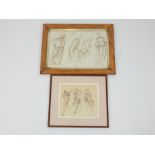 Artist unknown, Two framed, ink line drawings of figurative studies of Donatello