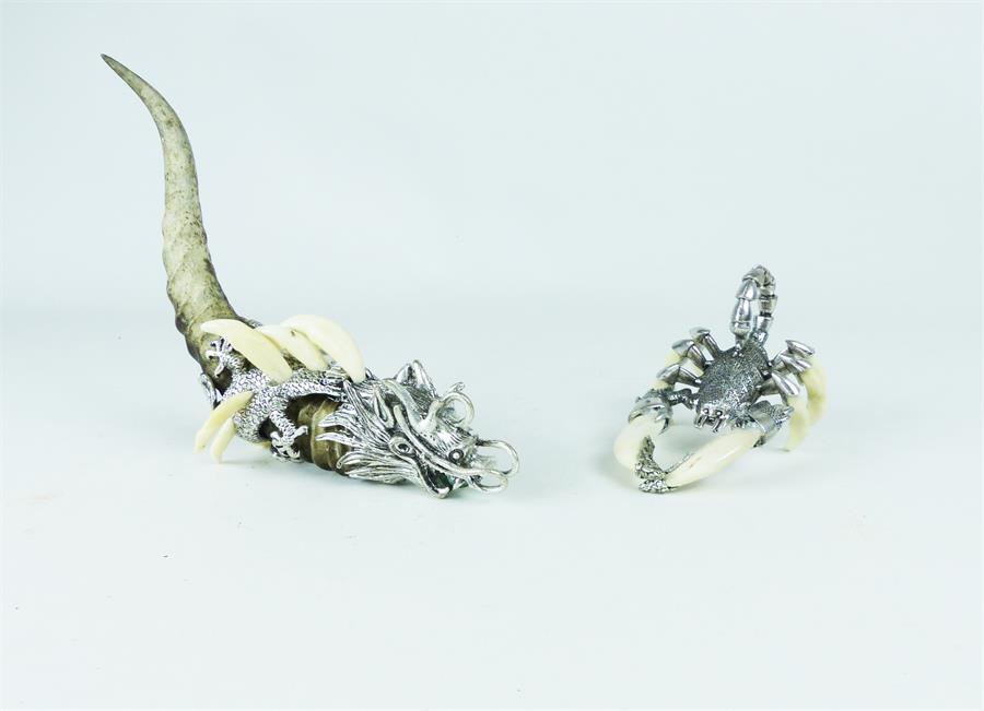 Two, oriental, white metal, tusk and claw animal sculptures - Image 2 of 2