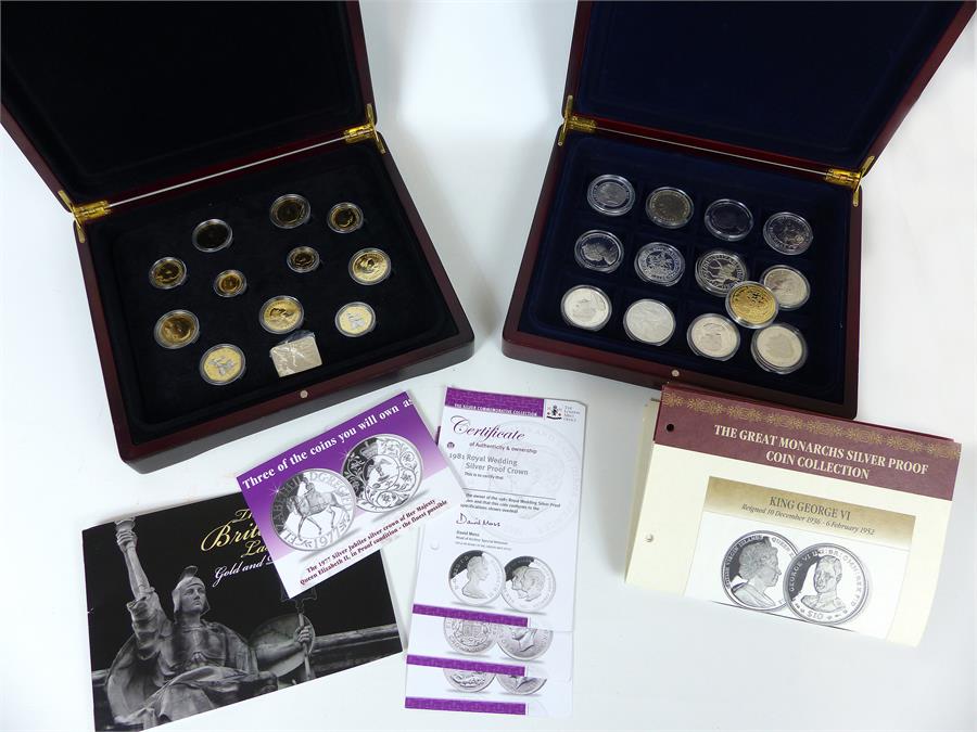 A collection of silver coins (500-925) from the London Mint Offices together with some plated