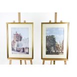 A pair of gilt-framed, large, colour prints of 19th century, Dutch street scenes