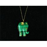 A unique, 14 ct yellow gold and malachite, elephant pendant and chain