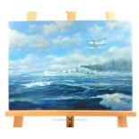 John Stevens, WW2 sea scene with British Cruiser and Hawker Osprey seaplane, signed and dated "