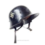 A WW2 era German Fire Police motorcyclist helmet, with canted decal, double chin strap, stamped "DRP