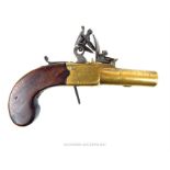 A Nicholson of London, pocket brass flintlock pistol with and walnut stock; unscrewable style barrel