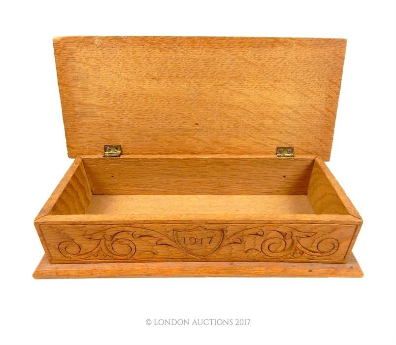 A homemade WW1 RFC carved wooden scribe box; with the RFC insignia carved upon its top; 23cm wide. - Image 3 of 3