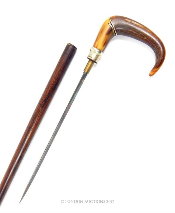 A 19th century horn handled sword stick, with short blade (31cm long).