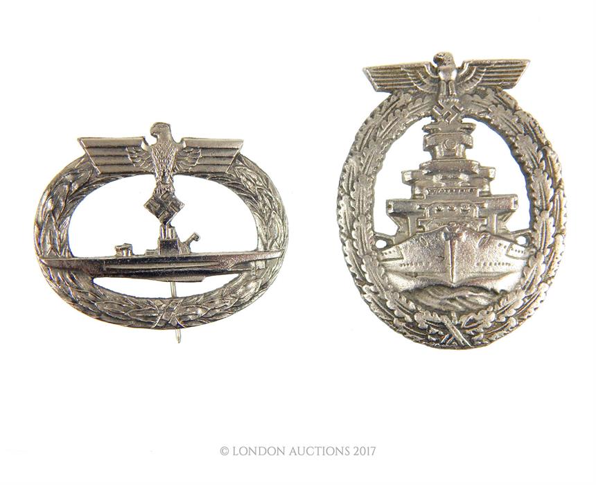 A WW2 German Kreigsmarine High Seas Fleet Award together with a Kriegsmarine U-boat Submarine badge;