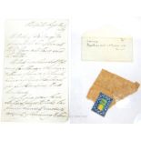 An 1839 Duke of Wellington letter written in the third person, together with a small piece of fabric