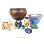 A collection of items, including an enamelled jardiniere